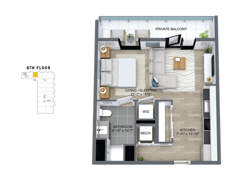 Floor plan for studio, 1 bath, 539 sqft